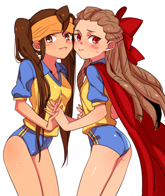 blush buruma endou_mamoru genderswap hairlocs headband hoochi_gumo inazuma_eleven kidou_yuuto long_hair multiple_girls red_eyes ribbon twintails