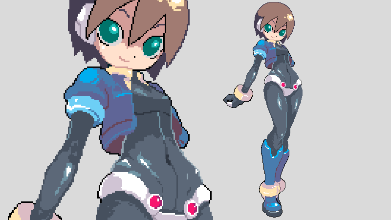 green_eyes open_clothes open_shirt pixel_art rockman rockman_zx sanada_taketo shirt short_hair skin_tight solo spandex zoom_layer