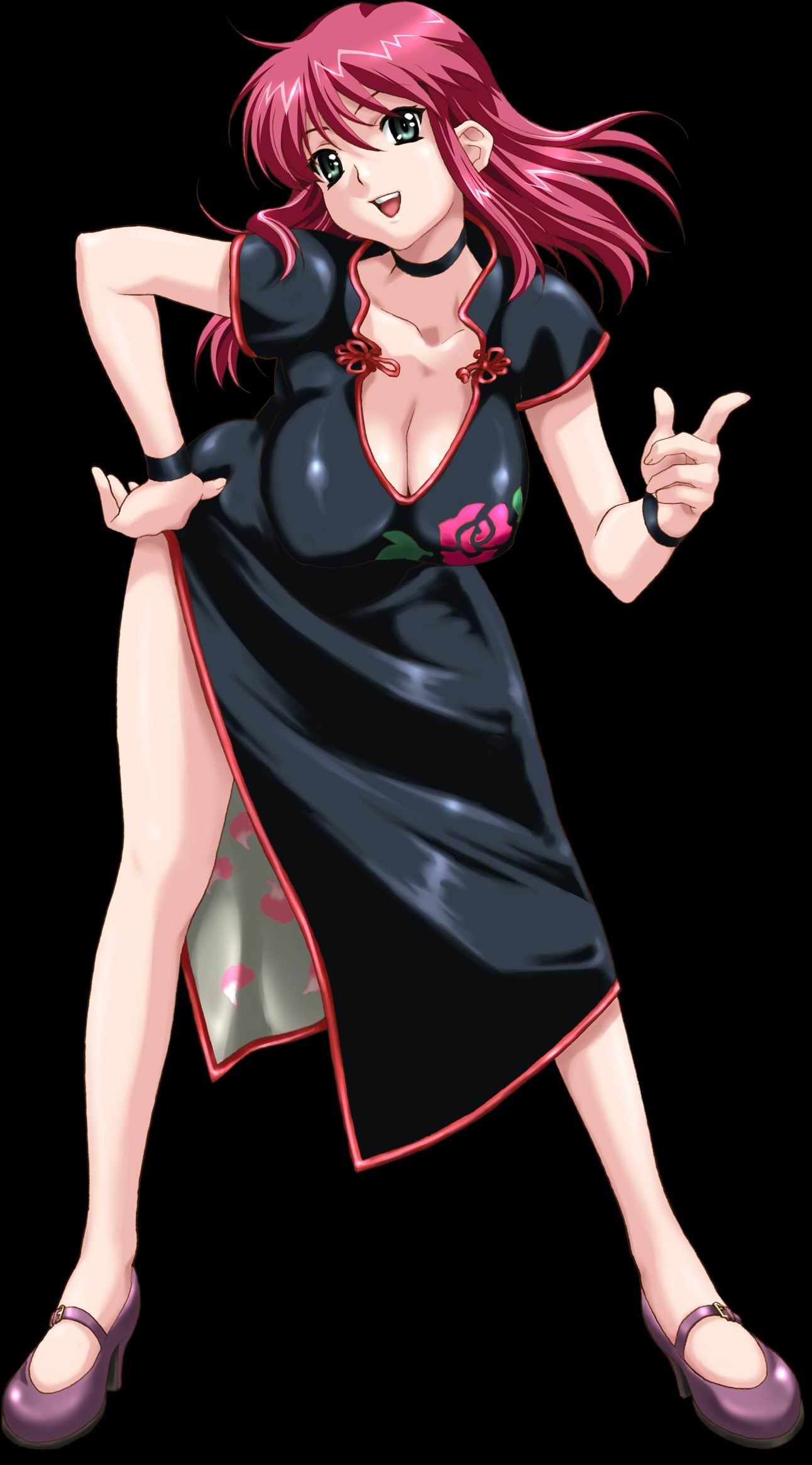 1girl boin breasts china_dress chinese_clothes choker cleavage female green_eyes happoubi_jin happy high_heels highres iihara_nao large_breasts leaning_forward long_hair open_mouth pink_hair shoes simple_background smile solo wristband