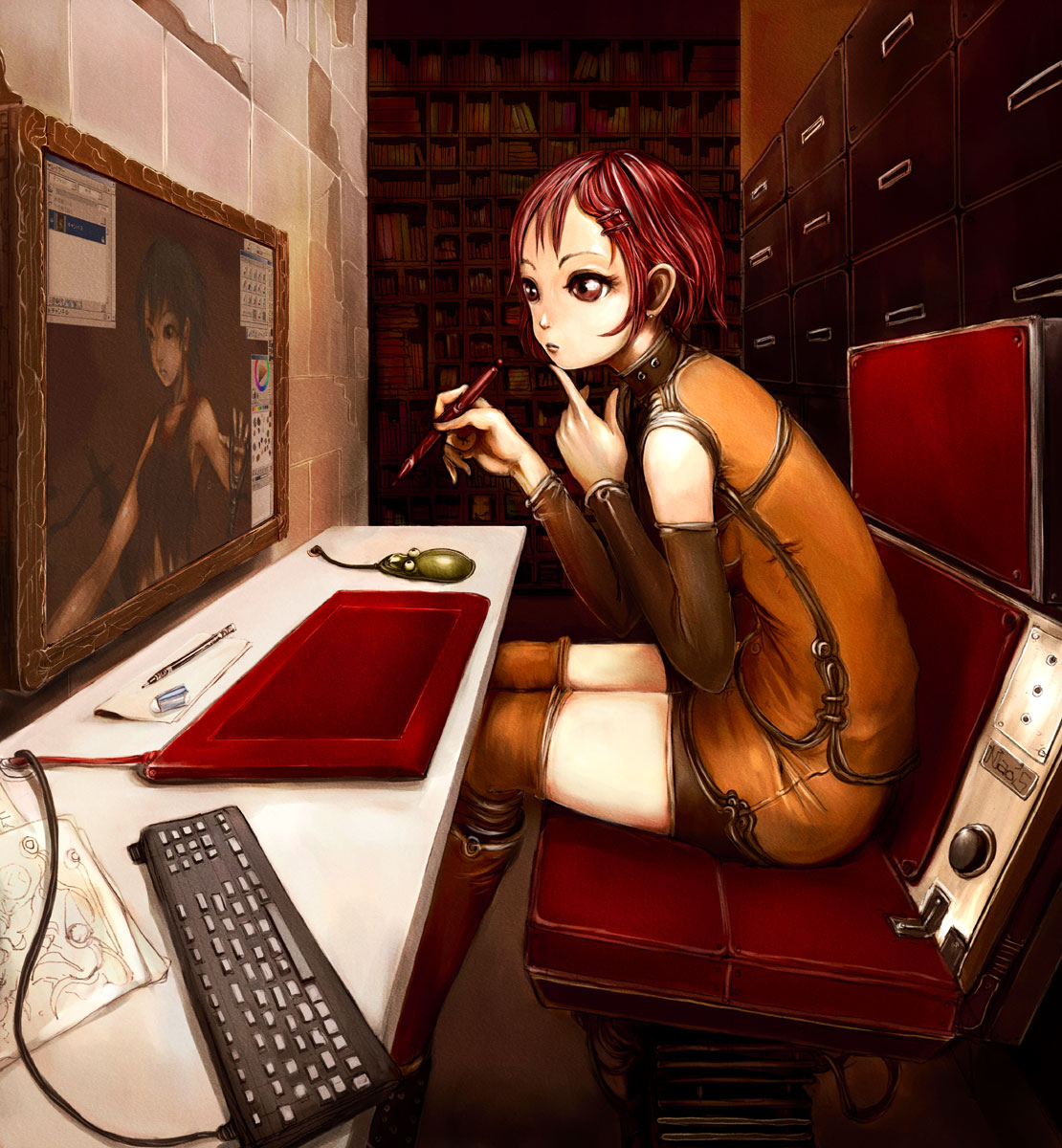 bike_shorts book bookshelf boots computer_keyboard computer_mouse detached_sleeves eraser finger_to_mouth frame hair_ornament hairclip highres knee_boots mechanical_pencil naoki_(naoieo) oekaki_musume original pencil red_eyes red_hair short_hair sitting skirt solo tablet thigh-highs thighhighs thinking tiles zettai_ryouiki