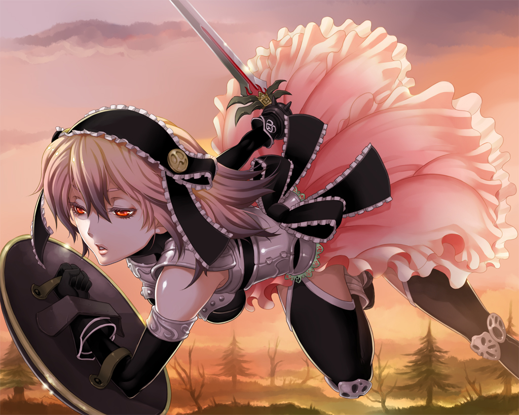elbow_gloves fantasy_earth_zero gothic miogrobin red_eyes short_hair skirt solo sword thigh_highs thighhighs weapon