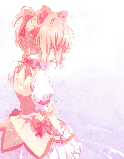 84k from_behind gloves kaname_madoka magical_girl mahou_shoujo_madoka_magica nape pink pink_hair puffy_sleeves short_hair short_twintails shuri_(84k) tears twintails water white_gloves