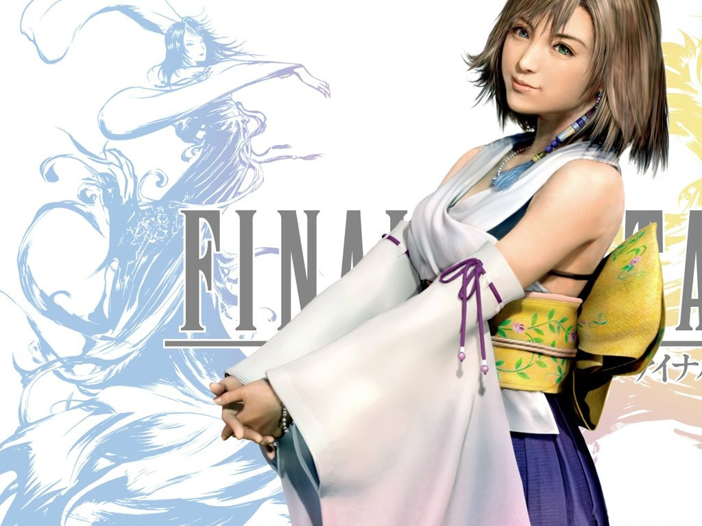 1024x768 1girl 3d blue_eyes brown_hair cg closed_mouth detached_sleeves female final_fantasy final_fantasy_x final_fantasy_x-2 green_eyes hands_together heterochromia japanese_clothes obi short_hair solo standing yuna