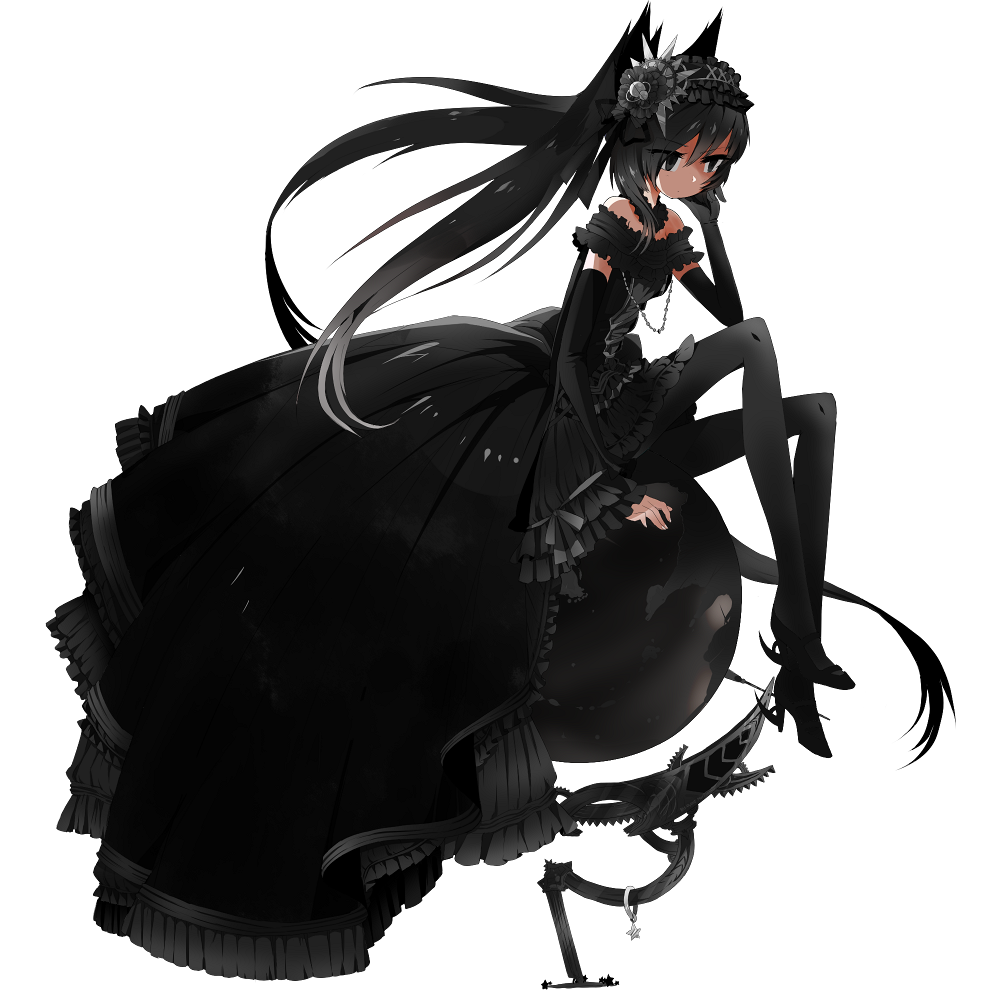 animal_ears bare_shoulders black_dress black_eyes black_hair black_hole cat_ears dress frills globe gothic long_hair mizushirazu original pantyhose personification sitting solo twintails