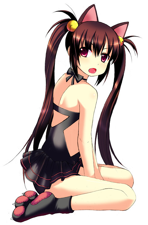 1girl bell between_thighs black_panties blush brown_hair casual_one-piece_swimsuit cat_ears eyebrows_visible_through_hair female frilled_swimsuit frills hair_bell hair_ornament halterneck kooh kyoku_tou loli long_hair nekomimi one-piece_swimsuit open_mouth oversized_paw_gloves pangya panties paws red_eyes simple_background sitting skirt solo swimsuit twintails wariza white_background
