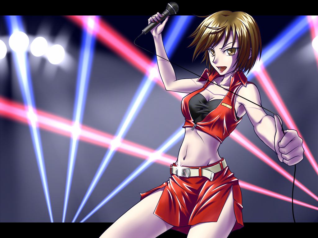 brown_eyes brown_hair meiko microphone open_mouth short_hair solo vocaloid