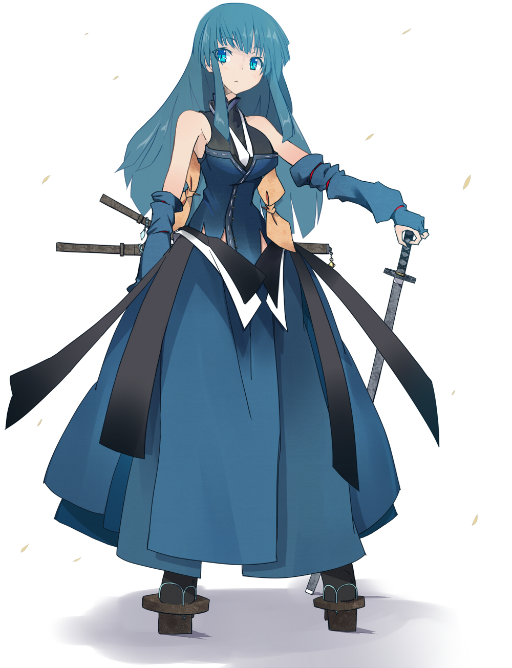 bangs blue_eyes blue_hair blunt_bangs bridal_gauntlets dress geta highres long_hair original payot solo sword vane weapon