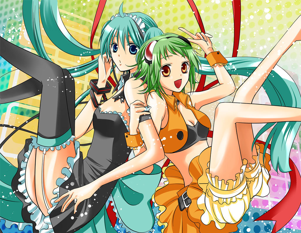 :o aqua_hair awami_kisa bad_id bloomers dress garter_straps goggles goggles_on_head green_hair gumi hatsune_miku midriff multiple_girls pointing thighhighs twintails vocaloid wrist_cuffs