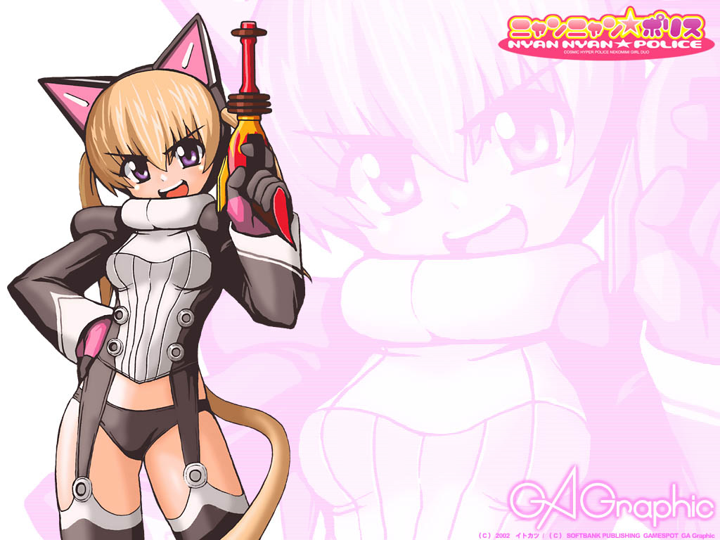 2002 animal_ears black_panties blonde_hair bodysuit boots cat_ears cat_tail catgirl character_request fake_animal_ears gagraphic garter_straps gloves gun itokatsu nyan_nyan_police panties pose purple_eyes ray_gun scanlines short_hair shoulder_pads tail thigh_boots thighhighs twintails underwear wallpaper weapon zoom_layer