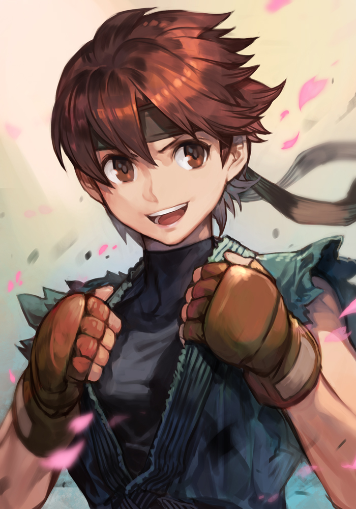 1girl alternate_color alternate_costume brown_eyes brown_hair dougi evolution_championship_series hankuri headband kasugano_sakura looking_at_viewer open_mouth petals short_hair smile solo street_fighter street_fighter_v tomboy upper_body