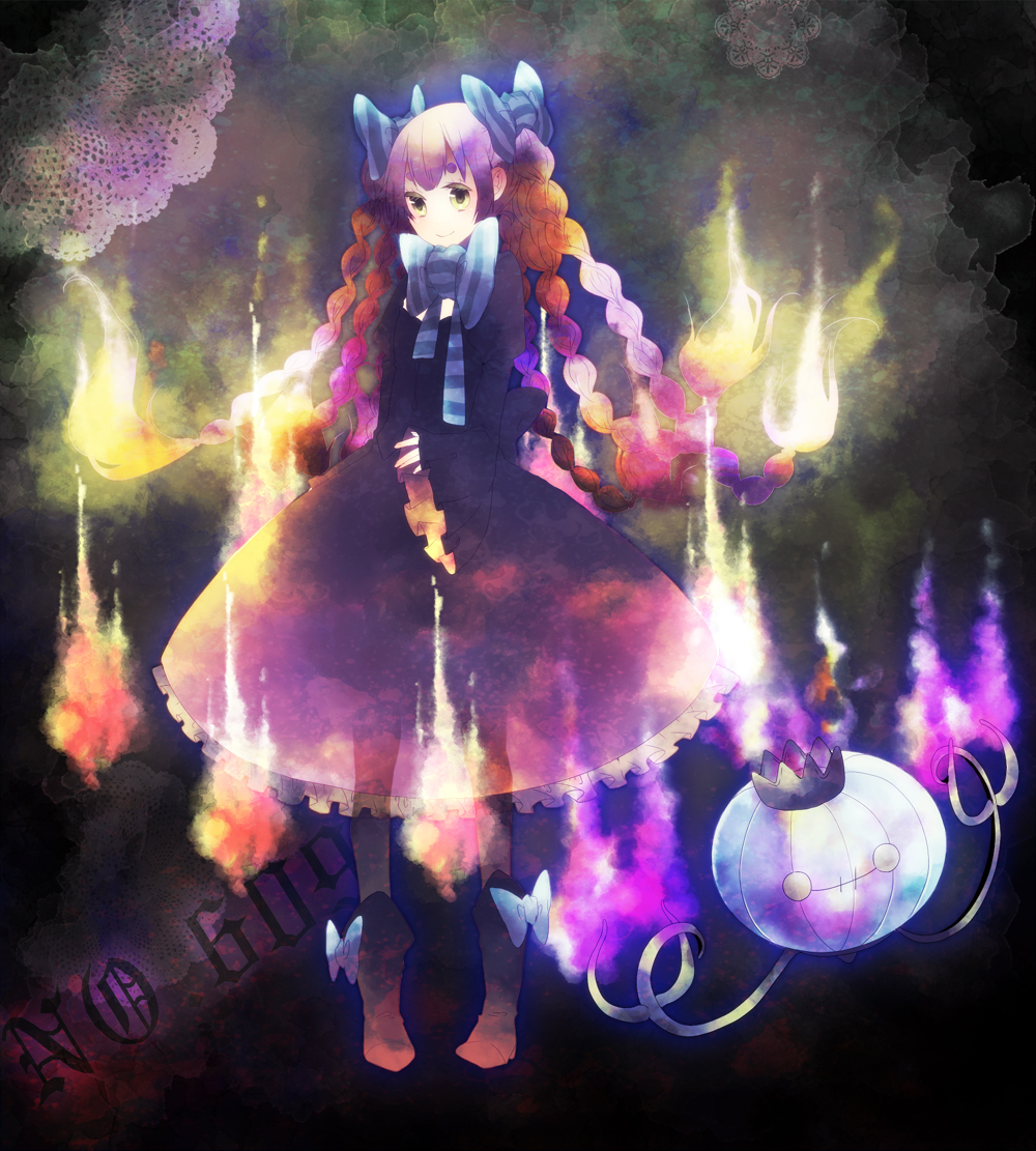 boots bow braid braids chandelure colored_eyelashes dress fire flame ghost hair_bow lace moemon nintendo personification pink_fire pokemon pokemon_(game) pokemon_black_and_white quin_tails redhead shiny_pokemon smile tsukudato white_fire yellow_eyes