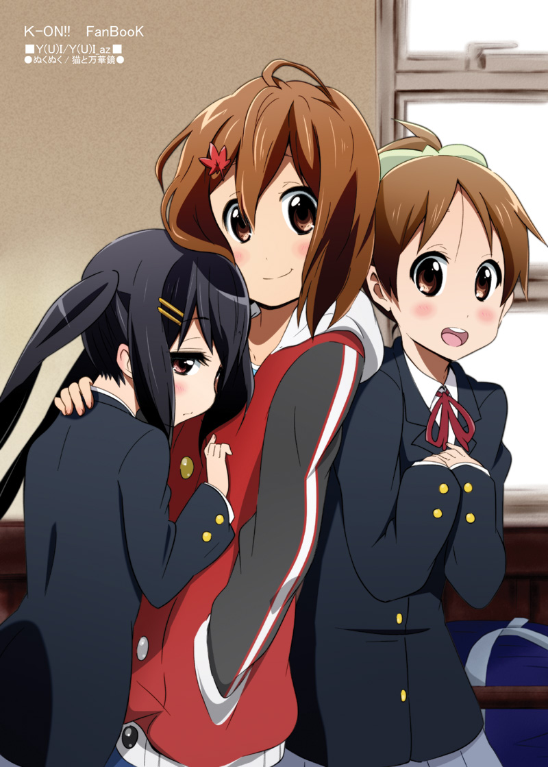 brown_eyes brown_hair casual hirasawa_ui hirasawa_yui hug jacket k-on! long_hair nakano_azusa nukunuku ponytail school_uniform short_hair