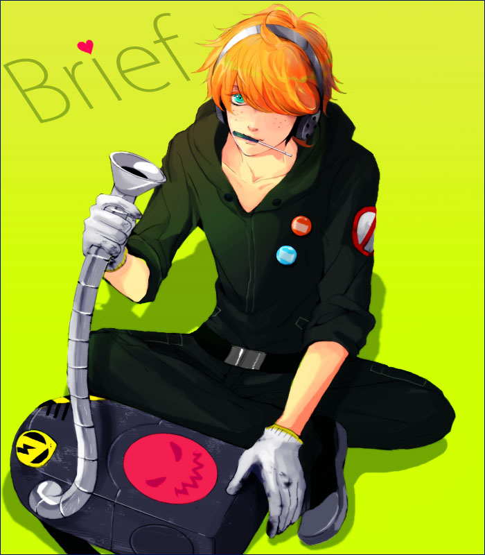 bad_id badge blue_eyes brief brief_(psg) button_badge freckles gloves hair_over_one_eye headphones male orange_hair panty_&amp;_stocking_with_garterbelt screwdriver sitting solo