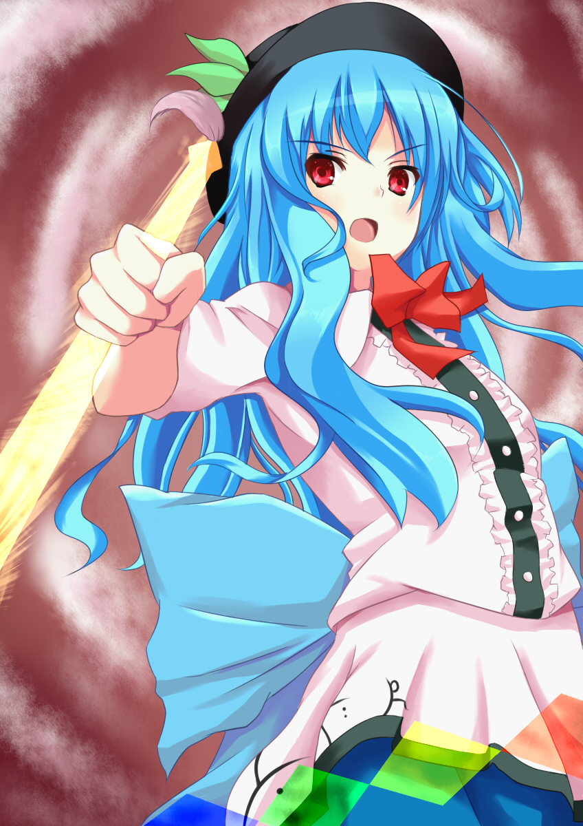 blue_hair hat highres hinanawi_tenshi long_hair red_eyes sword sword_of_hisou touhou weapon yatsu_(sasuraino)
