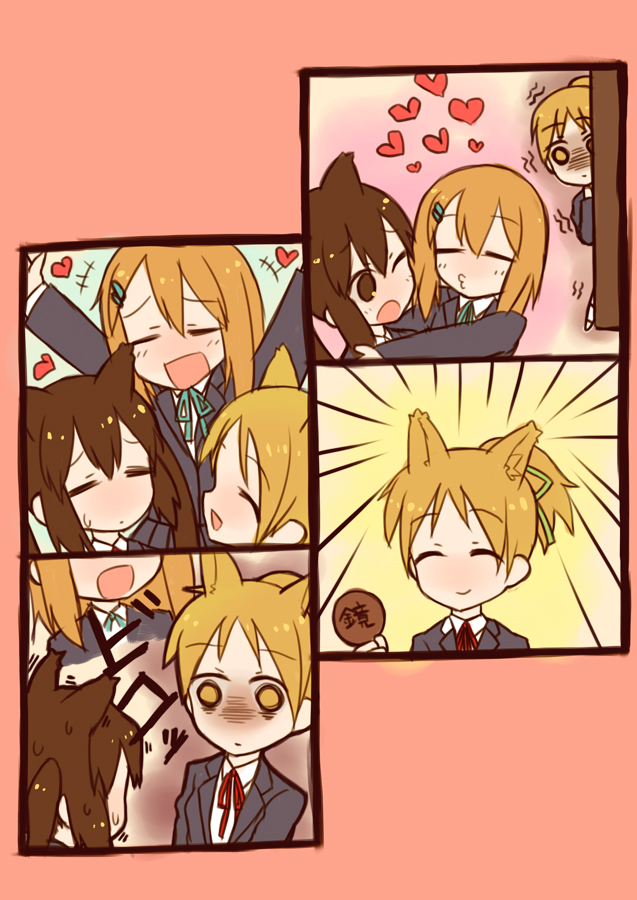 =_= animal_ears cat_ears hirasawa_ui hirasawa_yui k-on! nakano_azusa o3o peeking_out wink yandere