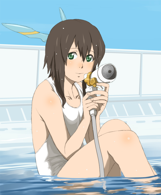 android brown_hair collarbone green_eyes hose jack_hamster one-piece_swimsuit original pool school_swimsuit sitting solo swimsuit white_school_swimsuit