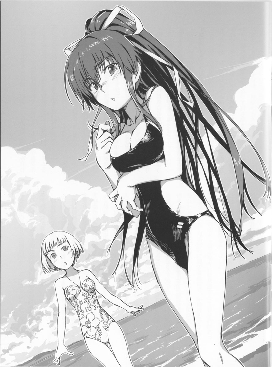 beach breasts casual_one-piece_swimsuit cloud clouds floral_print flower haimura_kiyotaka hair_ribbon halterneck highres kanzaki_kaori long_hair looking_at_viewer monochrome one-piece_swimsuit ponytail ribbon scan short_hair swimsuit to_aru_majutsu_no_index tour_guide_girl