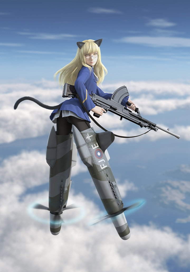 animal_ears artist_request black_legwear blonde_hair bren_lmg cat_ears cat_tail cloud clouds flying glasses gun lips machine_gun panties panties_under_pantyhose pantyhose perrine_h_clostermann realistic sky strike_witches striker_unit tail tar_(artist) underwear weapon yellow_eyes