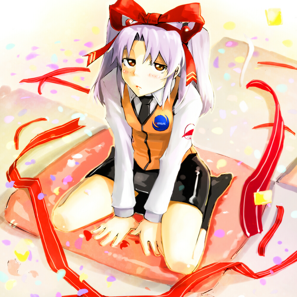 blush brown_eyes confetti hair_ribbon hand_between_legs holysnow hoshino_ruri kidou_senkan_nadesico necktie purple_hair ribbon sitting skirt socks twintails vest wariza