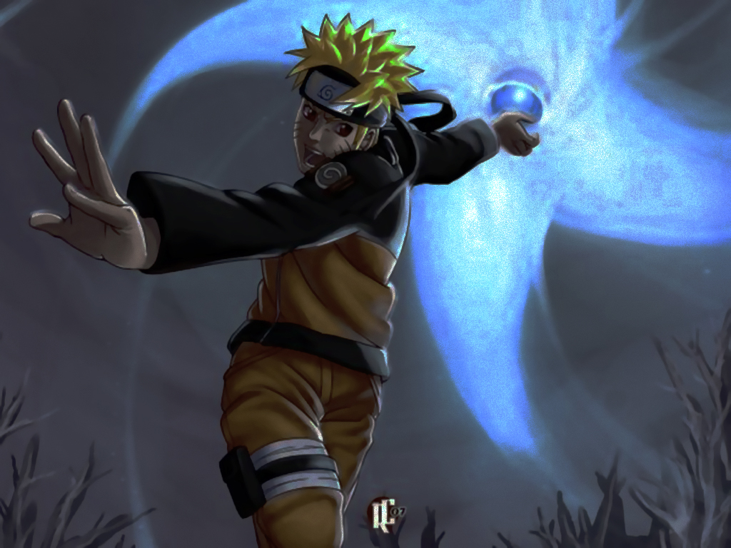 attack blonde_hair forest jinchuuriki jumping male naruto night open_mouth rasengan solo uzumaki_naruto