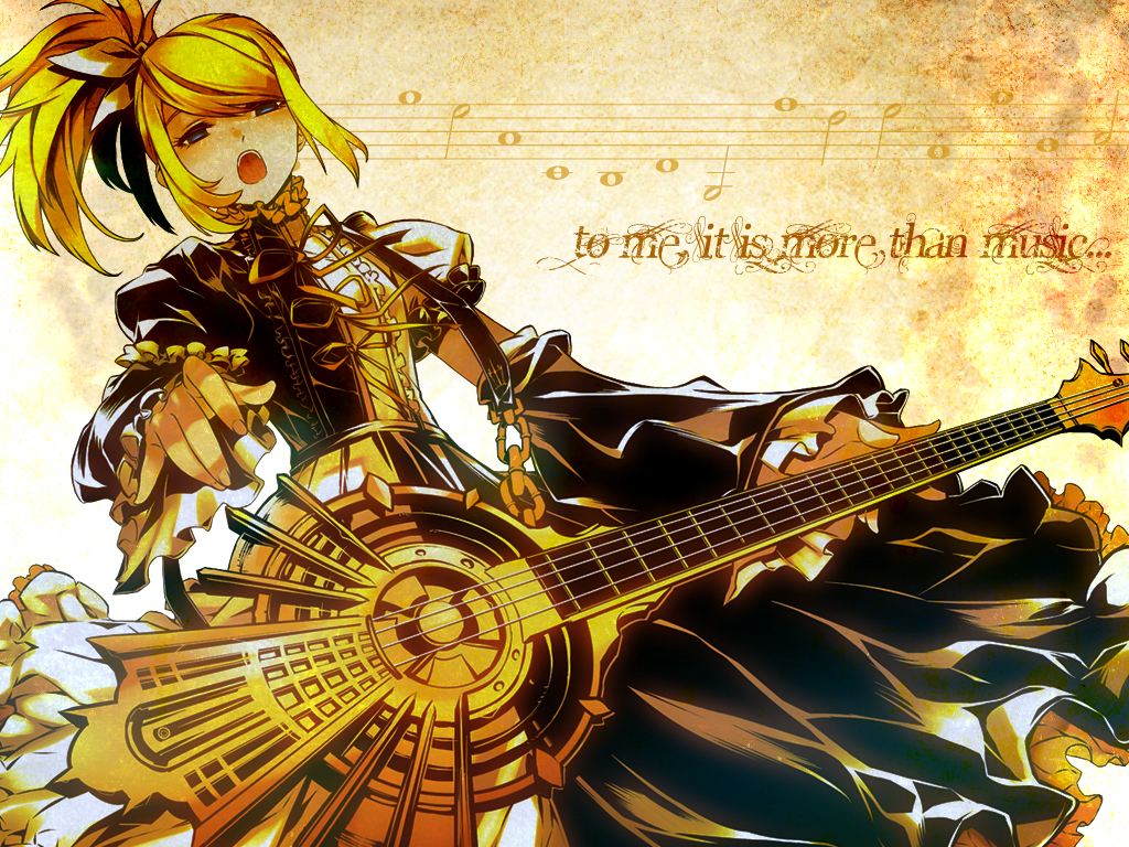 bass blonde_hair bow detached_sleeves frilly_dress kagamine_rin looking_down music open_mouth ress ribbon roshin_yuukai_(vocaloid) vocaloid yellow