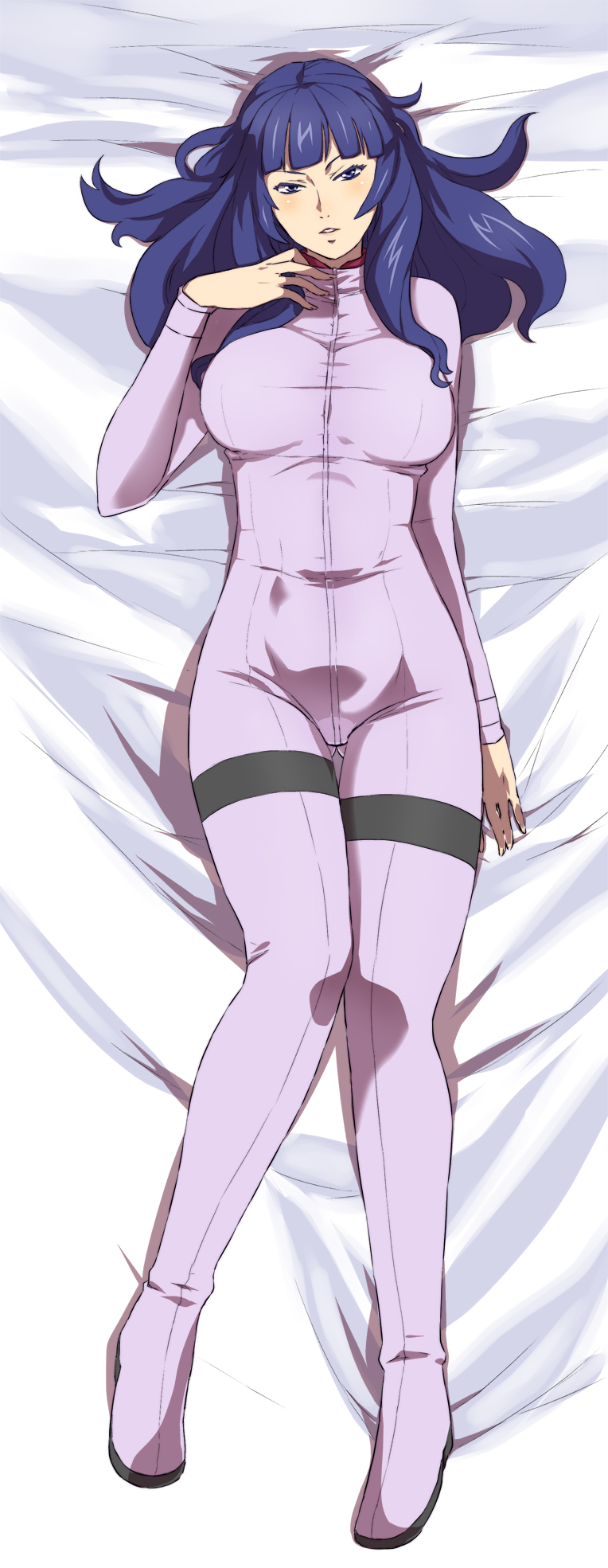 blue_eyes blue_hair bodysuit breasts dakimakura florence_kirishima full-length_zipper gundam highres jack_hamster large_breasts lipstick long_hair lying messy_hair sd_gundam_g-generation taut_shirt zipper