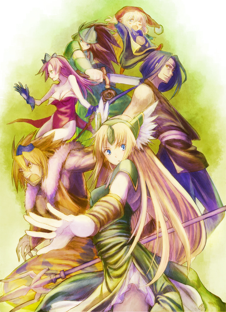 :d angela bare_shoulders blonde_hair blush_stickers breasts charlotte charlotte_(seiken_densetsu_3) cleavage duran everyone gloves hat hawkeye helmet kevin long_hair open_mouth polearm purple_hair riesz seiken_densetsu seiken_densetsu_3 smile spear sword very_long_hair weapon wink