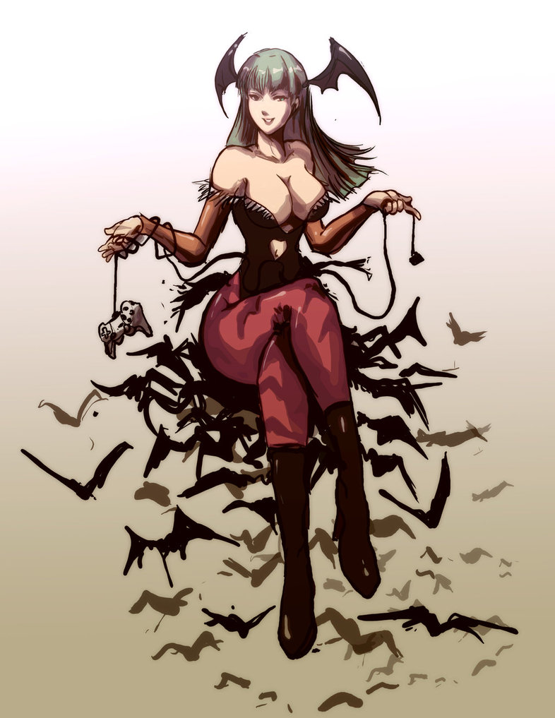 bat boots breasts capcom controller crossed_legs darkstalkers green_hair jay_phenrix large_breasts lipstick long_hair morrigan_aensland pantyhose playstation print_pantyhose sitting smile vampire_(game)