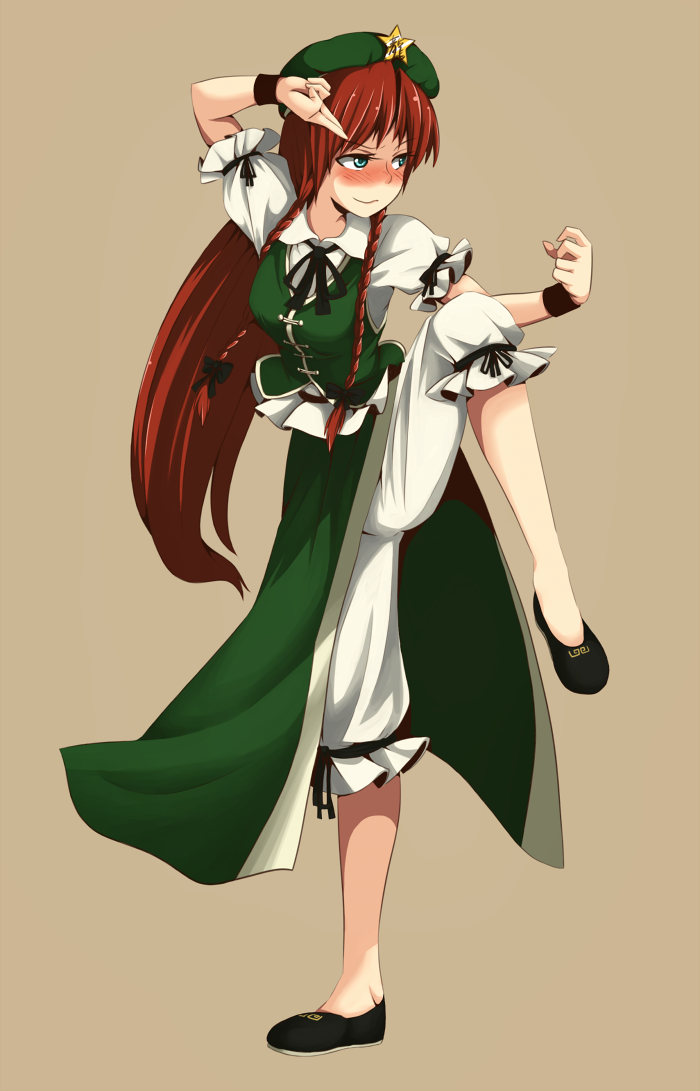 blush braid chinese_clothes drunk fighting_stance green_eyes hat hong_meiling long_hair no_socks opagi pants red_hair redhead standing_on_one_leg touhou twin_braids