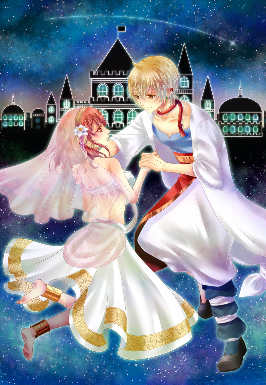 1boy 1girl ali_baba_saluja anklet back barefoot blonde_hair bracelet dancing dress earrings feet hair_ornament harem_outfit highres holding_hands howafuwahitsuji jewelry magi_the_labyrinth_of_magic morgiana night palace redhead robe see-through short_hair soles star veil yellow_eyes