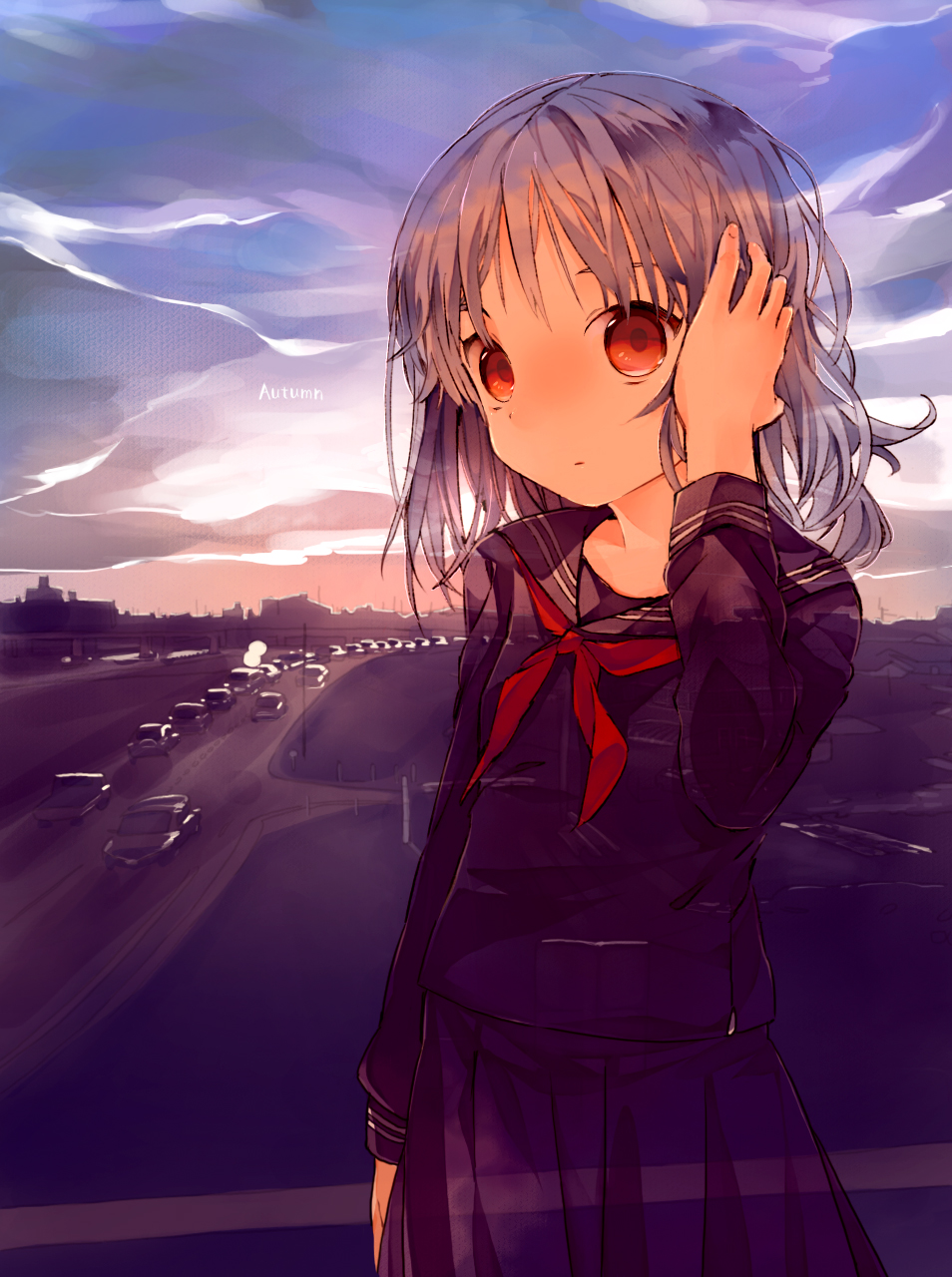 face highres makino_(sinobusan) original red_eyes school_uniform serafuku solo traffic