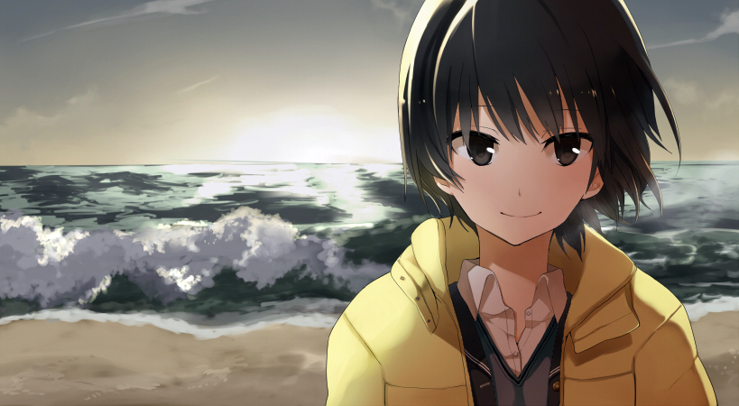 1girl amagami beach horizon jacket nanasaki_ai ocean solo yuu_(yu1you2iu3)