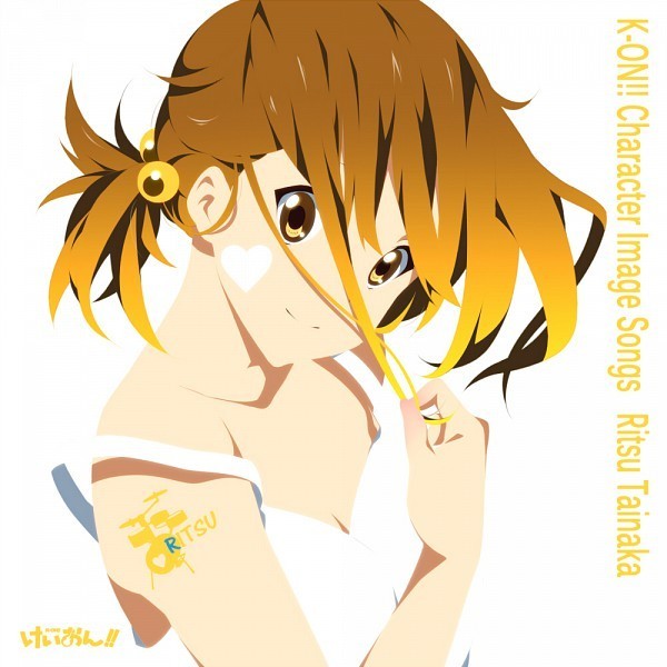 alternate_hairstyle bare_shoulders bodypaint brown_hair character_single cover dress face_paint instrument k-on! nanao short_hair side_ponytail simple_background solo strap_slip tainaka_ritsu yellow_eyes