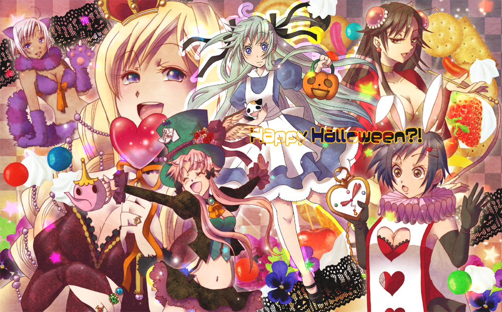 akira_ferrari alice_(wonderland) alice_(wonderland)_(cosplay) alice_carroll alice_in_wonderland alicia_florence alternate_costume animal_costume animal_ears apron aria athena_glory biscuit black_hair blonde_hair blue_eyes blue_hair breasts brown_eyes bunny_ears candy checkered checkered_background cheshire_cat cheshire_cat_(cosplay) cleavage cleavage_cutout closed_eyes cookie cosplay double_bun everyone flower food fruit green_hair halloween hat jack-o'-lantern jack-o'-lantern jewelry long_hair mad_hatter mad_hatter_(cosplay) midriff mizunashi_akari multiple_girls navel open_mouth parody pink_hair pocket_watch president_maa pumpkin purple_eyes queen_of_hearts queen_of_hearts_(cosplay) rabbit_ears short_hair silver_hair smile strawberry teapot tomomi_(mltplus) top_hat twintails violet_eyes watch white_rabbit white_rabbit_(cosplay) yellow_eyes