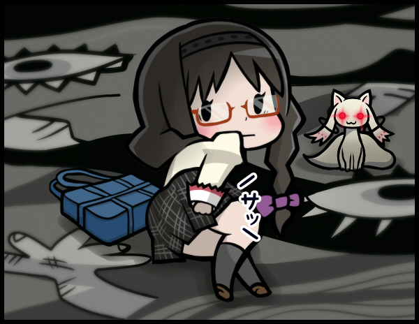 1girl :3 :| akemi_homura alternate_hairstyle arm_support bag black_hair black_legwear blush border bow chikuwabu comic covering covering_ass embarrassed eyelashes glasses glowing glowing_eyes hair_bow hair_ornament hairband kneehighs kyubey long_hair looking_back mahou_shoujo_madoka_magica on_floor on_ground plaid plaid_skirt pleated_skirt puffy_sleeves red-framed_glasses red_eyes school_bag school_uniform shoes skirt skirt_tug socks solo spoilers translated translation_request twintails witch's_labyrinth witch's_labyrinth