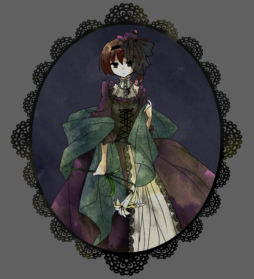 corset dress flower frame gothic_lolita hairband hat lily_(flower) lolita_fashion mini_top_hat r_dorothy_wayneright shirakawa_(whitemist) short_hair solo the_big_o top_hat victorian