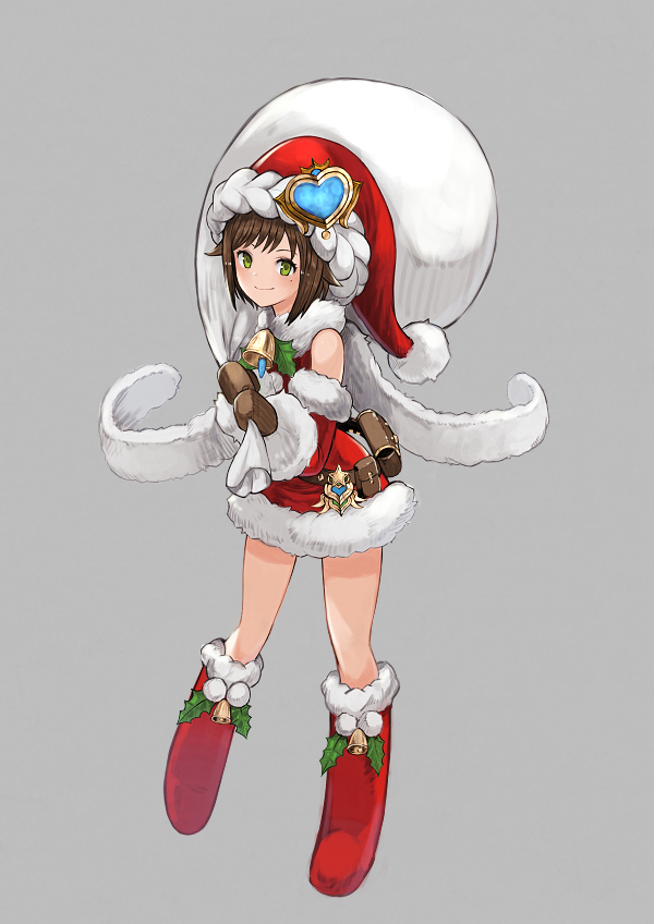 1girl bell belt black_mittens blackball boots brown_hair christmas closed_mouth clothing_cutout dress full_body fur-trimmed_dress fur_trim green_eyes grey_background hat hat_ornament holding holding_sack long_sleeves looking_at_viewer neck_bell original over_shoulder pouch red_footwear red_headwear sack santa_boots santa_dress santa_hat short_dress short_hair shoulder_cutout simple_background smile solo standing symbol-only_commentary utility_belt