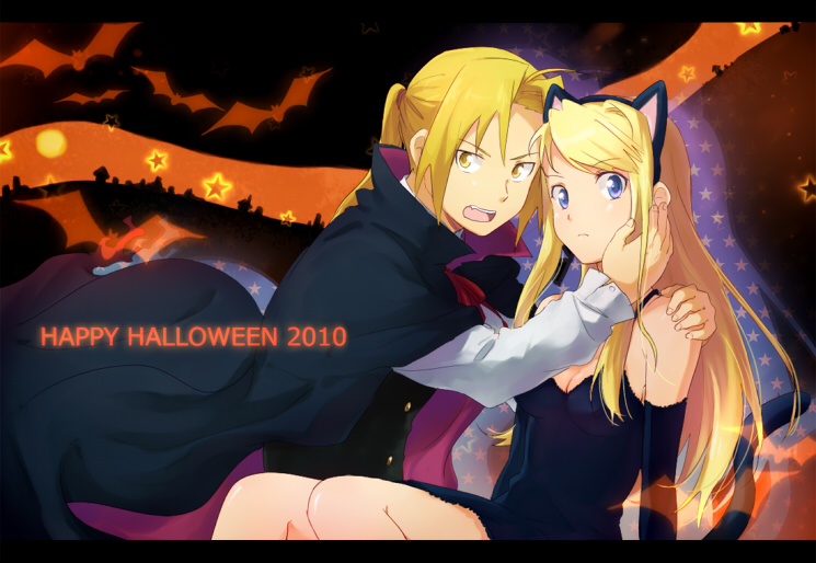 1girl animal_ears bad_id blonde_hair blue_eyes cat_ears cat_tail couple edward_elric fullmetal_alchemist halloween kemonomimi_mode long_hair open_mouth ponytail riru tail winry_rockbell yellow_eyes