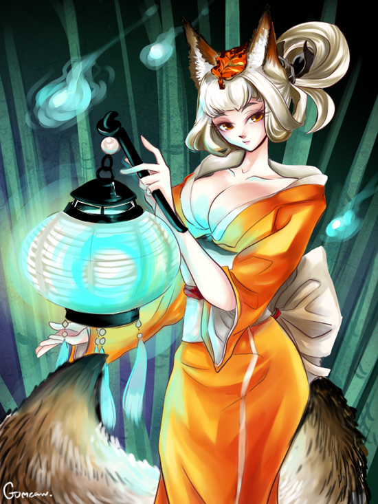 bamboo breasts cleavage collarbone eyelashes fox_ears fox_tail grey_hair gumeaw hair_up hitodama japanese_clothes kimono kongiku lantern large_breasts leaf leaf_on_head oboro_muramasa orange_eyes paper_lantern signature solo tail tassel