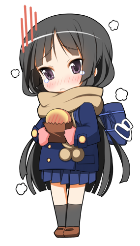 bag black_eyes black_hair blush bread chibi coat donguri food frown gloves k-on! long_hair long_sleeves lowres mittens scarf school_uniform skirt tears transparent_background very_long_hair