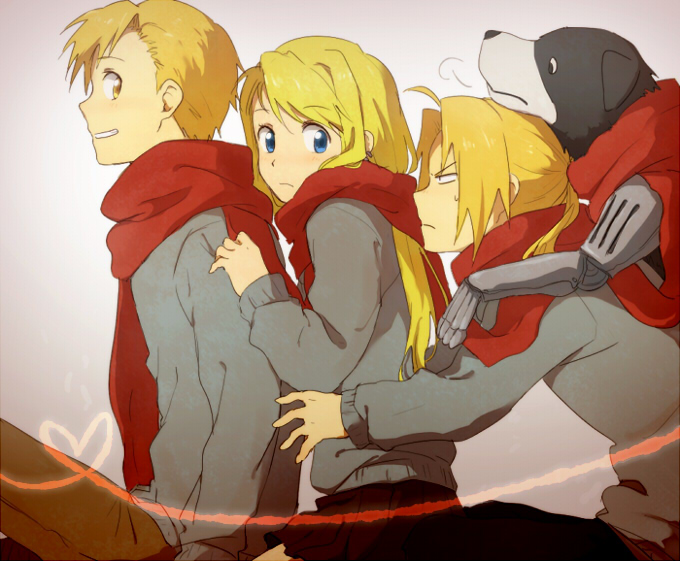 bad_id blonde_hair blue_eyes casual den_(fullmetal_alchemist) dog edward_elric fullmetal_alchemist heart heart_of_string looking_back miniskirt ponytail red_scarf riru scarf sitting skirt winry_rockbell yellow_eyes