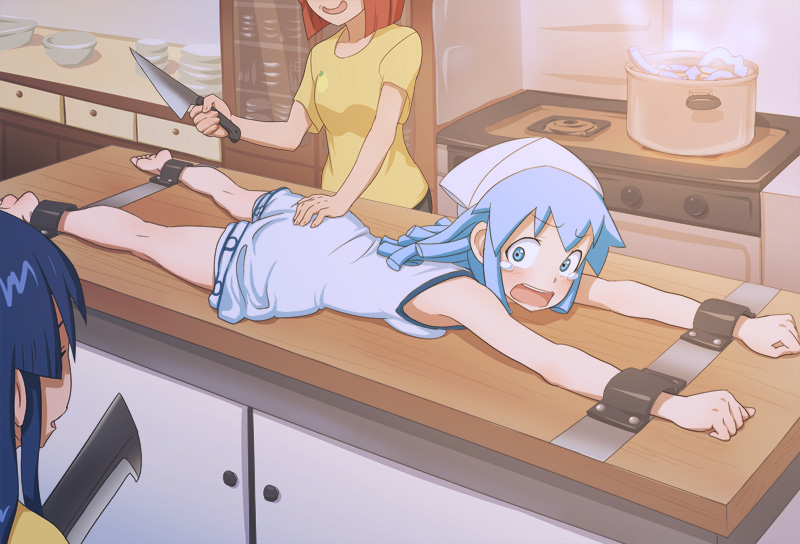 aizawa_eiko ass ass_grab bad_end barefoot bdsm billhook blue_eyes blue_hair bondage cooking dress hands higurashi_no_naku_koro_ni ikamusume kneepits knife kyoudyu legs parody restrained sakura!_ikamusume scared shinryaku!_ikamusume tears