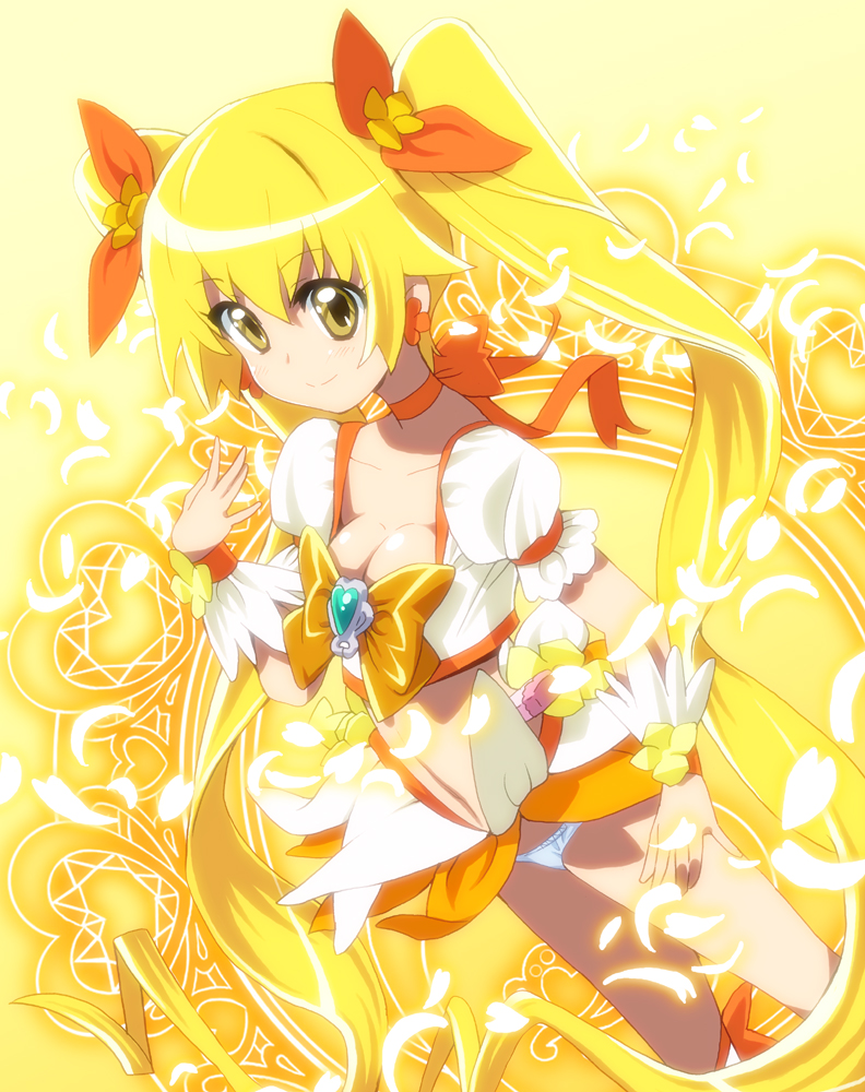 blonde_hair breasts cleavage cure_sunshine hair_ribbon heart heartcatch_precure! homing_(areya) homing_(artist) long_hair magical_girl midriff myoudouin_itsuki orange_dress panties petals precure ribbon skirt solo twintails underwear white_panties wrist_cuffs yellow yellow_background yellow_eyes