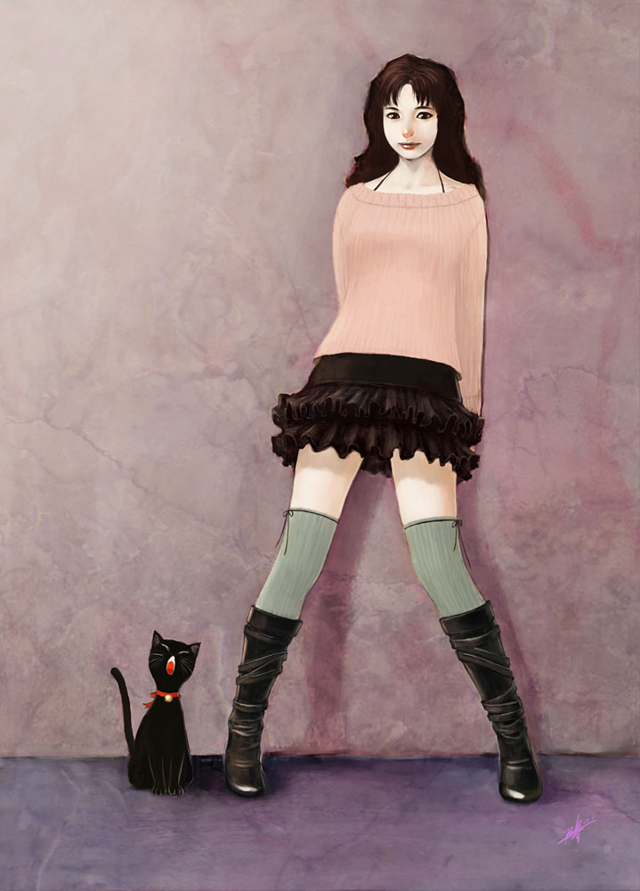 black_hair boots cat original panchok realistic skirt solo sweater thigh-highs thighhighs wall zettai_ryouiki