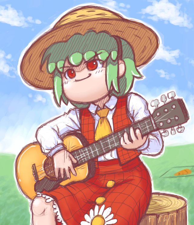 ascot carrot flower green_hair guitar hat instrument kazami_yuuka kouotsu plaid plaid_skirt plaid_vest red_eyes short_hair sitting skirt skirt_set straw_hat touhou vest white_shirt yukkuri_shiteitte_ne