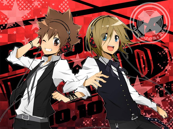 arm_linking basil belt blue_eyes bow_tie bracelet brown_eyes brown_hair headphones katekyo_hitman_reborn sawada_tsunayoshi smiling necktie vest white_shirt winking