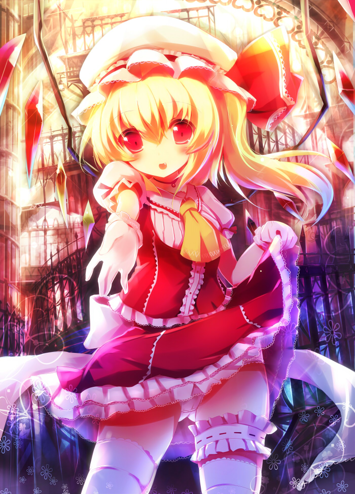 blonde_hair dress dress_lift fang flandre_scarlet foreshortening gloves hat leg_garter outstretched_hand panties petticoat ponytail red_eyes short_hair side_ponytail skirt skirt_lift solo tahal taharu_kousuke thigh-highs thighhighs touhou underwear white_gloves white_legwear white_panties white_thighhighs wings wrist_cuffs