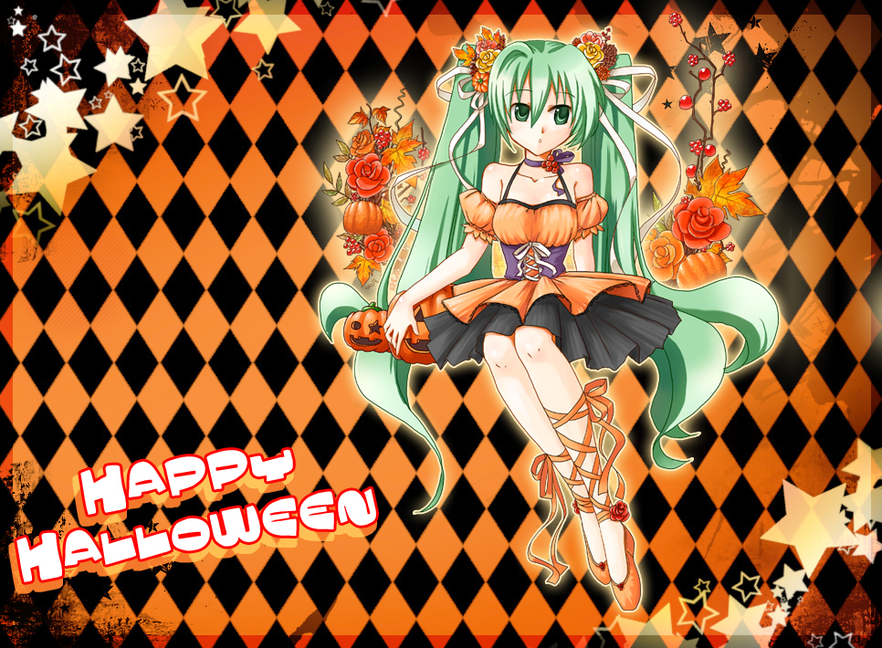 autumn checkered checkered_background choker corset dress flower green_eyes green_hair hair_flower hair_ornament halloween hatsune_miku kagetsu_too legs long_hair pumpkin ribbon sitting solo twintails very_long_hair vocaloid