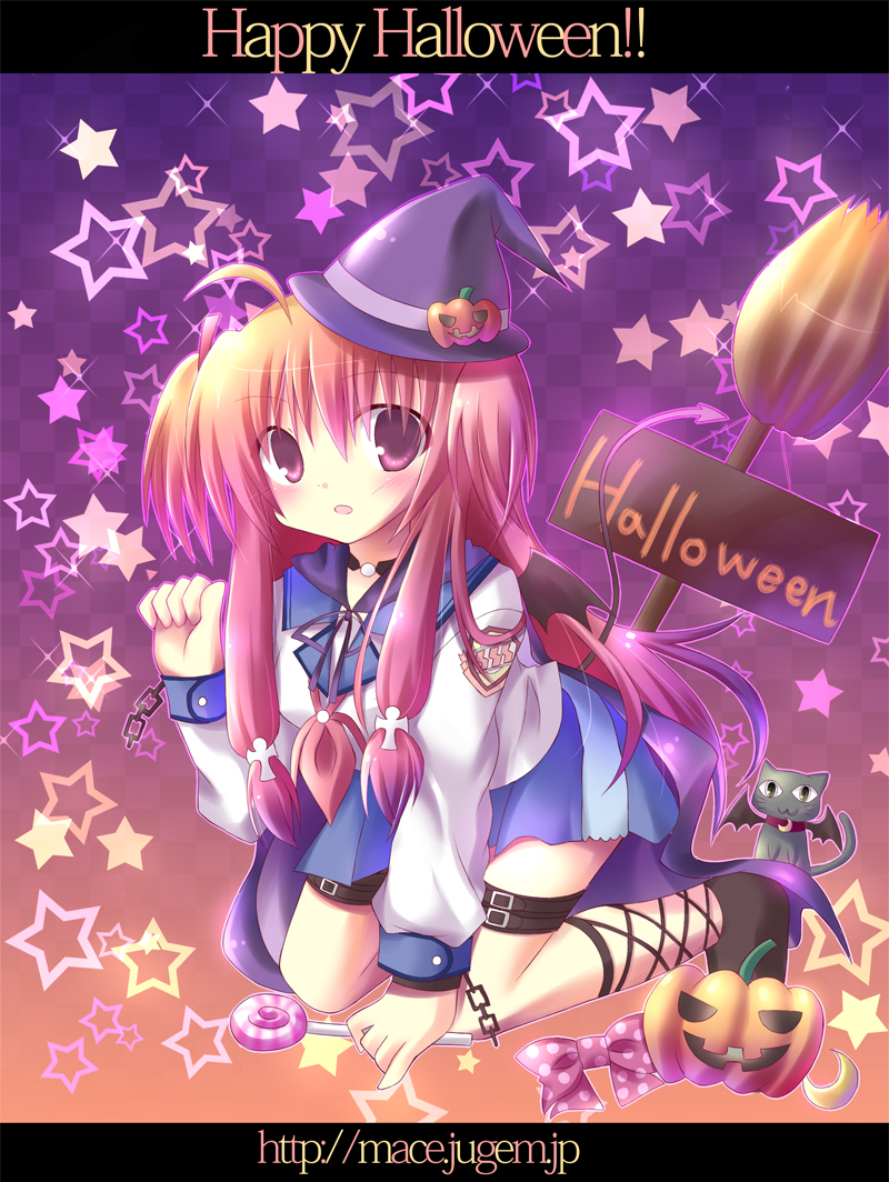 all_fours angel_beats! broom cat cat_pose halloween hat jack-o'-lantern kamioto_musu pumpkin school_uniform serafuku witch_hat yui_(angel_beats!)