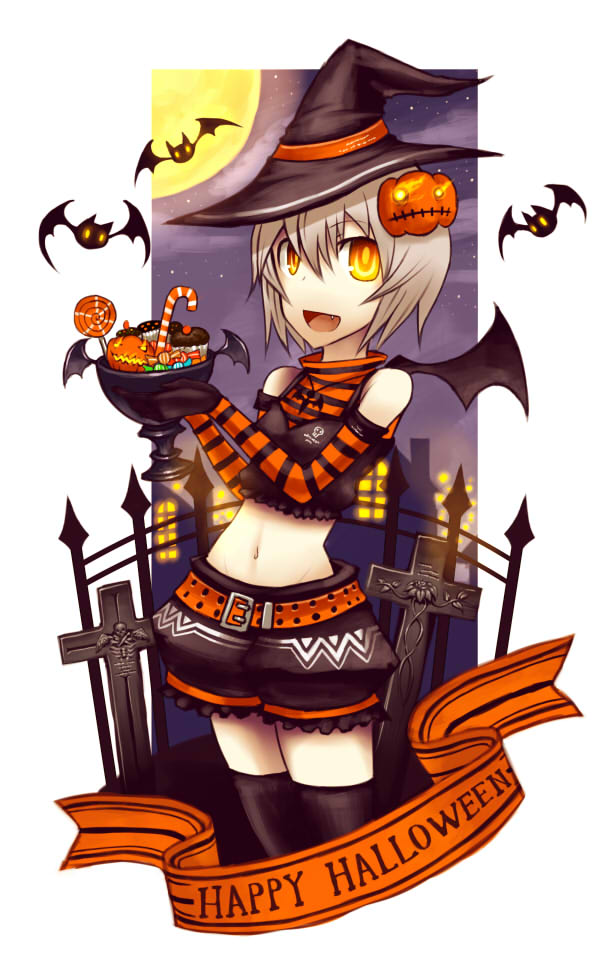 bat belt bloomers candy fang gia grey_hair halloween orange_eyes original pumpkin shorts solo striped wings